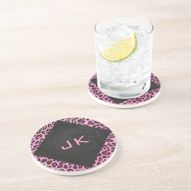 Monogram Leopard Black and Hot Pink Print Coaster (Side)