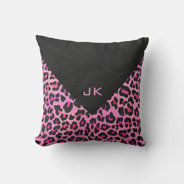 Monogram Leopard Black and Hot Pink Print Cushion (Front)