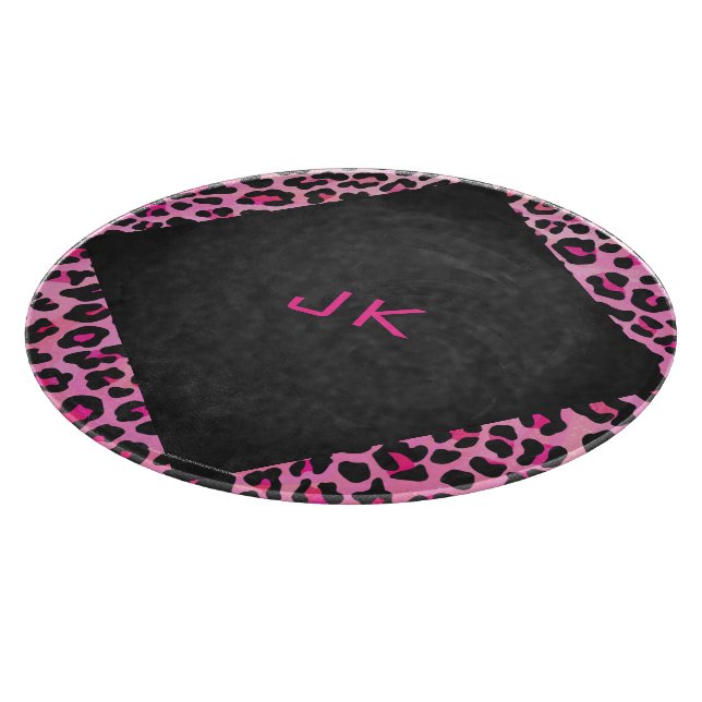 Monogram Leopard Black and Hot Pink Print Cutting Board (Corner)
