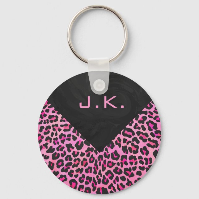 Monogram Leopard Black and Hot Pink Print Key Ring (Front)