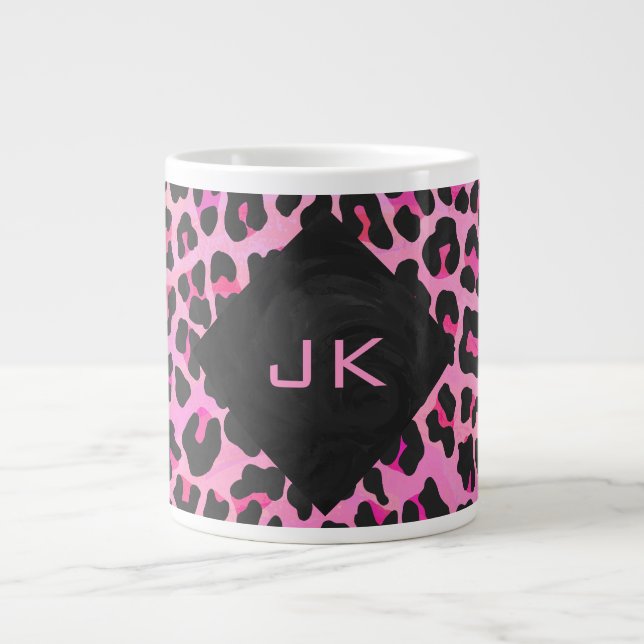 Monogram Leopard Black and Hot Pink Print Large Coffee Mug (Front)