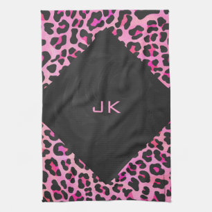 Monogram Leopard Black and Hot Pink Print Tea Towel