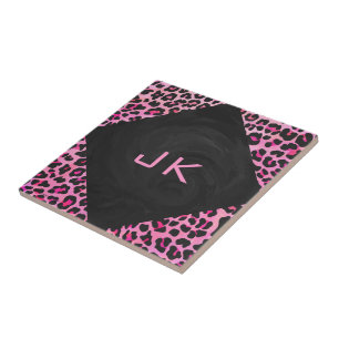 Monogram Leopard Black and Hot Pink Print Tile