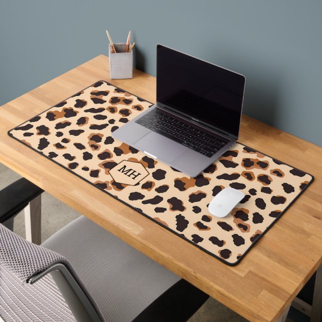 Monogram Leopard Brown Chic Girly Animal Print Desk Mat (Office 2)