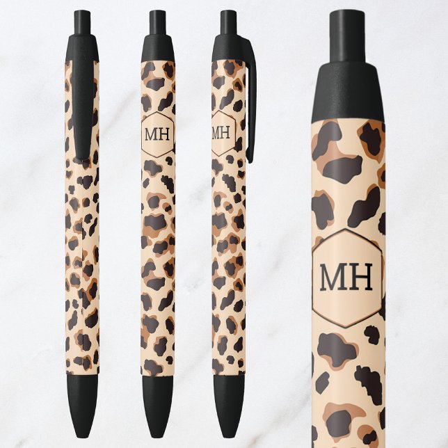 Monogram Leopard Print Brown Black Animal Pattern Black Ink Pen (Monogram Leopard Print Brown Black Animal Pattern Pen)