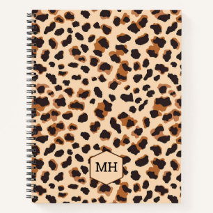 Monogram Leopard Print Chic Brown Blank Sketchbook Notebook
