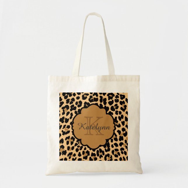 Monogram Leopard Print Custom Tote Bag (Front)