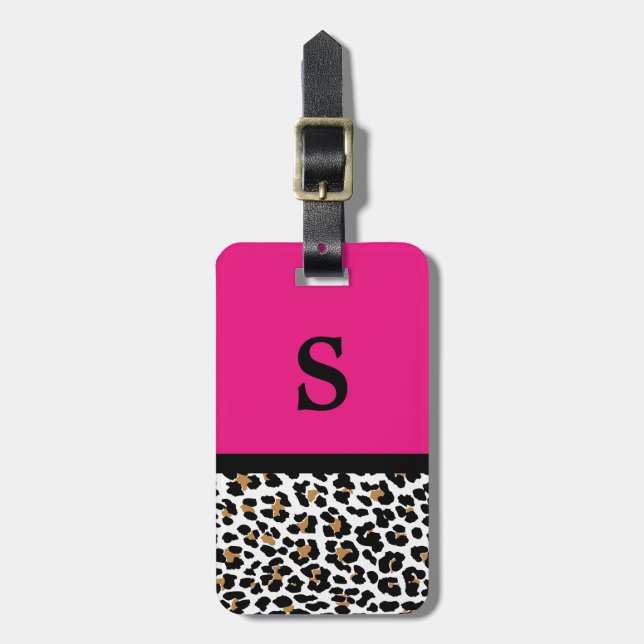 Monogram Leopard Print Hot Pink Accent Luggage Tag (Front Vertical)