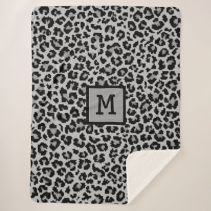 Monogram Leopard Print Initial Elegant Animal Grey Sherpa Blanket