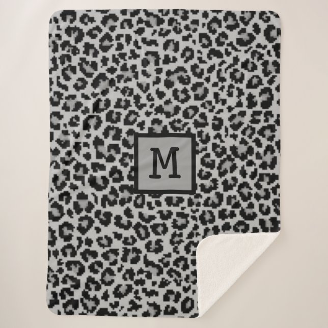Monogram Leopard Print Initial Elegant Animal Grey Sherpa Blanket (Front)