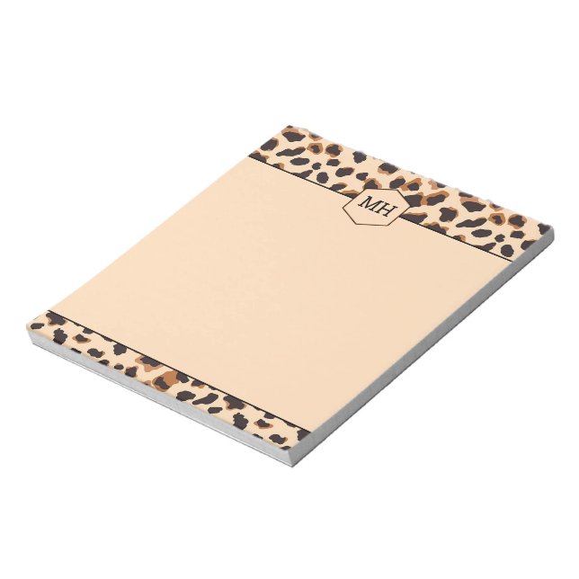 Monogram Leopard Print Modern Brown Black Animal Notepad (Rotated)