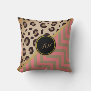 Monogram Leopard Print Zigzag Chevron Two-Tone Cushion