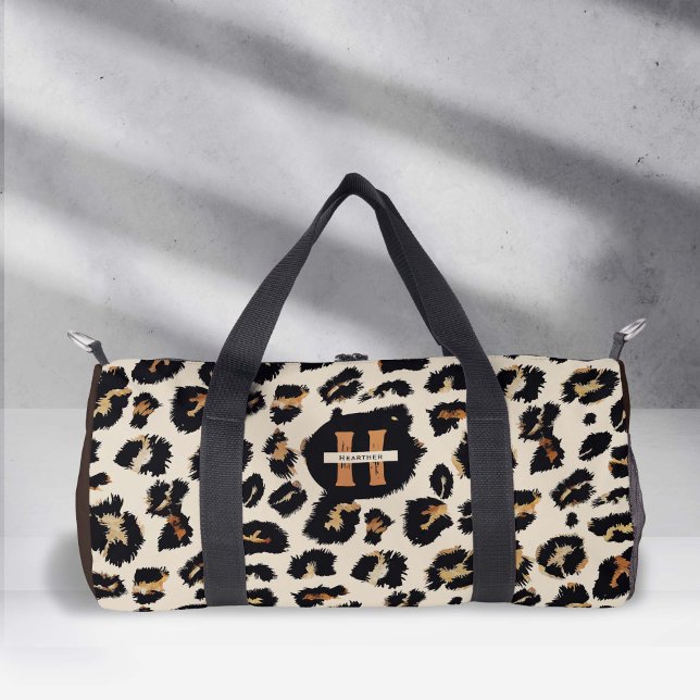 Monogram Leopard Skin Pattern, Modern Animal Style Duffle Bag (Leopard skin motif print, large duffle bag)