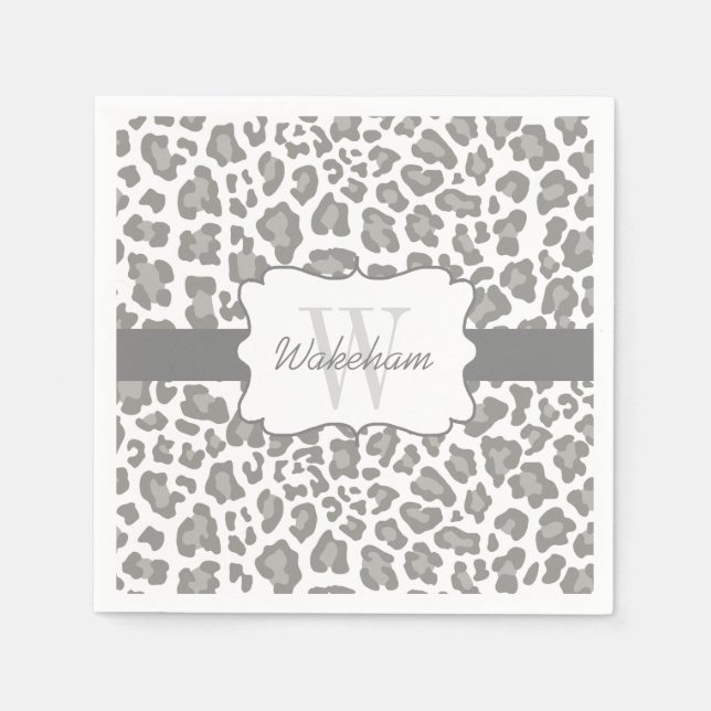 Monogram Leopard White and Grey Cocktail Napkin (Front)