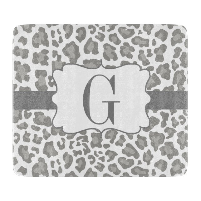 Monogram Leopard White and Grey Cutting Board (Front)