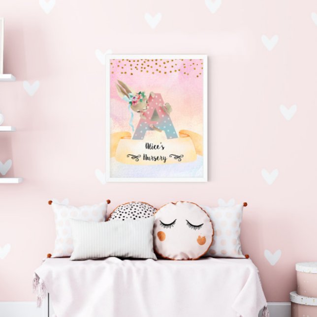 Monogram Letter A Cute Bunny Baby Girl Nursery Poster (Creator Uploaded)