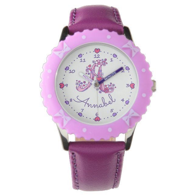 Monogram letter A doodle heart girls name watch (Front)