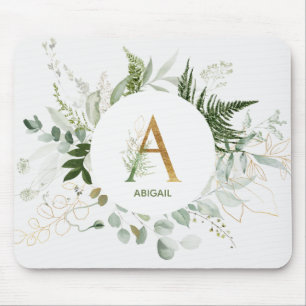 Monogram Letter A Fern & Succulent Mouse Pad