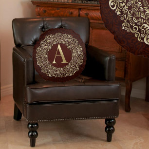 Monogram Letter A Luxury Gold Burgundy damask Round Cushion