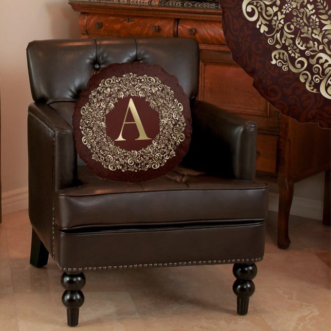 Monogram Letter A Luxury Gold Burgundy damask Round Cushion (Creator Uploaded)