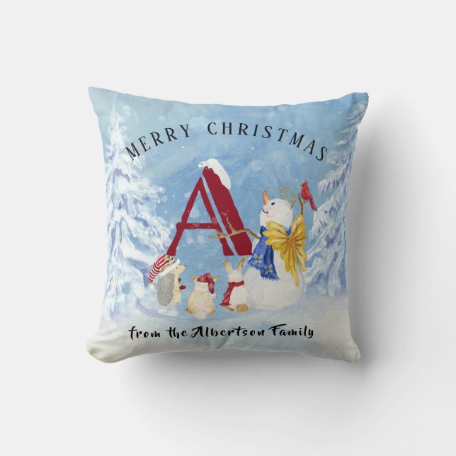 Monogram Letter A Merry Christmas Angel Snowman Cushion (Front)