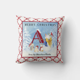 Monogram Letter A Merry Christmas Angel Snowman Cushion