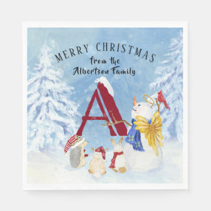 Monogram Letter A Merry Christmas Angel Snowman Napkin