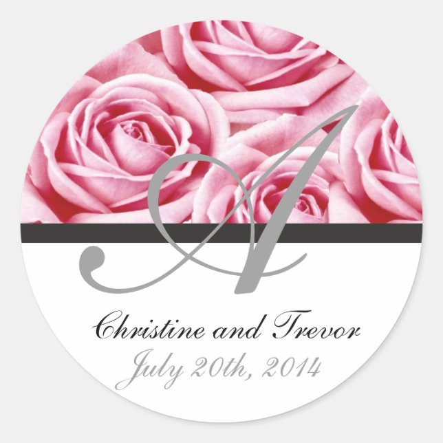 Monogram Letter A Pink Roses Sticker (Front)