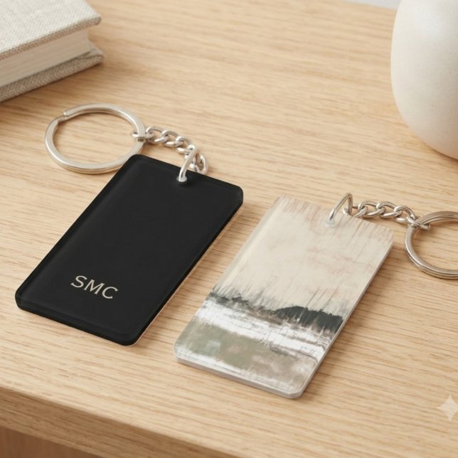Monogram letter abstract neutral key ring (A chic abstract monogram keychain, perfect as a thoughtful housewarming gift for a new homeowner.)