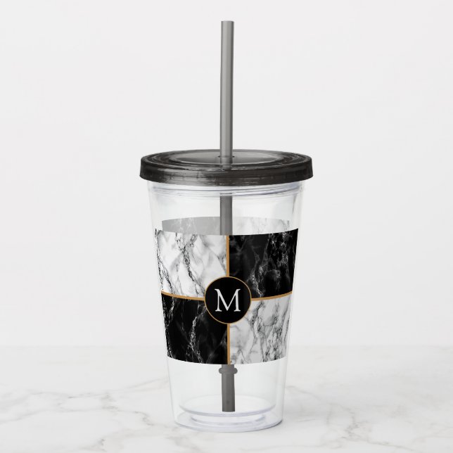 Monogram Letter Acrylic Tumbler Black White Marble (Front)