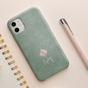 Monogram letter and script name sage leather iPhone 16 case