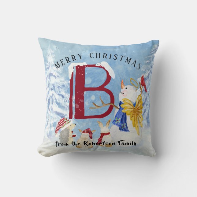 Monogram Letter B Angel Snowman Merry Christmas Cushion (Front)