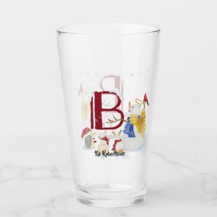 Monogram Letter B Angel Snowman Merry Christmas Glass