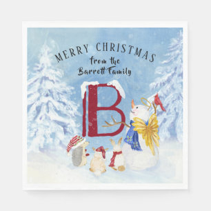 Monogram Letter B Angel Snowman Merry Christmas Napkin