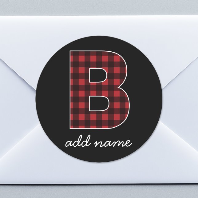 Monogram Letter B - buffalo plaid red black Classic Round Sticker (Custom Sticker for Party Favors or Envelopes)