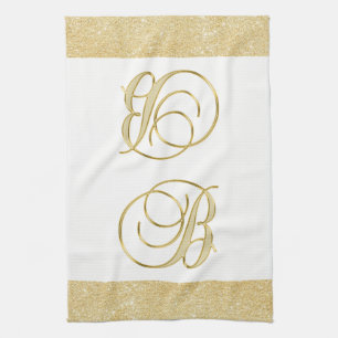 Monogram Letter B Gold Glitter White Colour Tea Towel