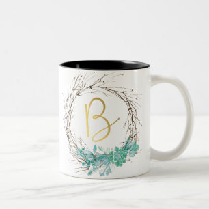 Monogram letter B in wreath Two-Tone Coffee Mug
