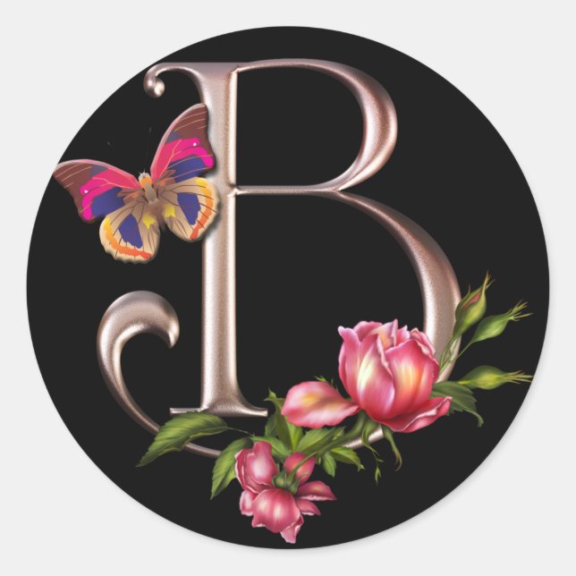 MONOGRAM LETTER B WITH ROSES AND BUTTERFLY CLASSIC ROUND STICKER (Front)