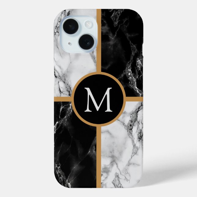 Monogram Letter Black White Marble iPhone Case (Back)