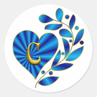 Monogram Letter C Blue Heart Classic Round Sticker