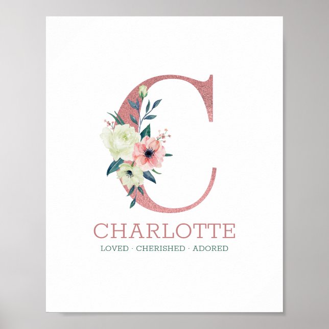 Monogram Letter C Pink Watercolor Floral Nursery Poster (Front)