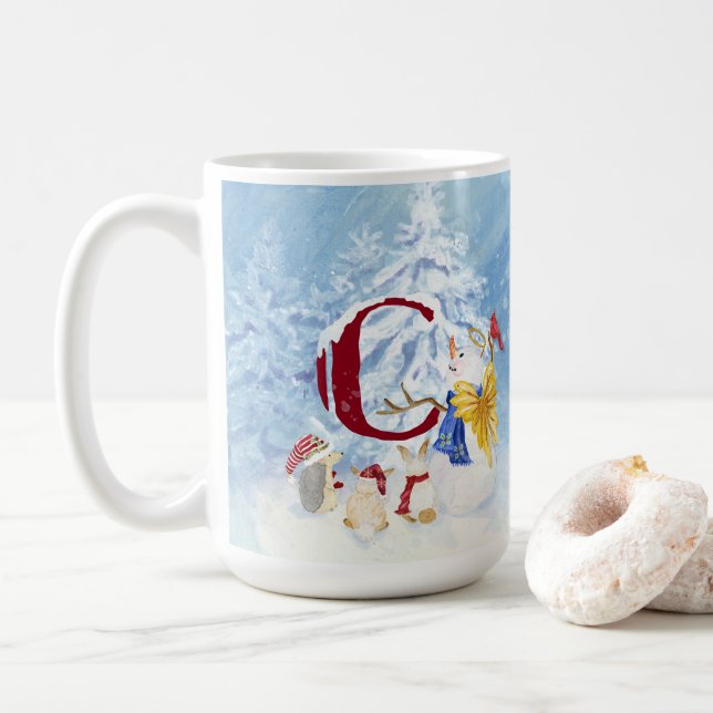 Monogram Letter C Snowy Christmas Angel Snowman Coffee Mug (With Donut)