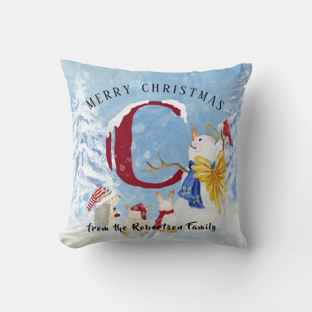 Monogram Letter C Snowy Christmas Angel Snowman Cushion (Front)