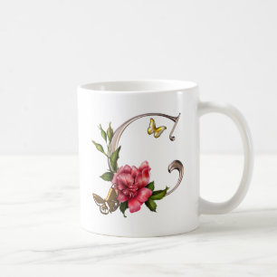 MONOGRAM LETTER C WITH ROSE AND BUTTERFLIES COFFEE MUG