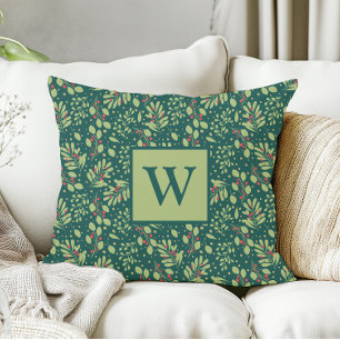 Monogram Letter Christmas Greenery Throw Pillow