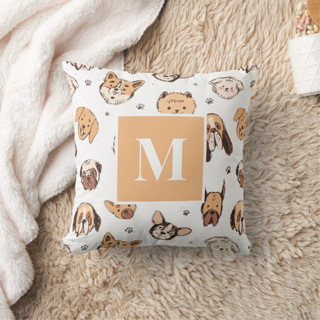Monogram Letter Cute Doodle Dog Pattern Dog Lover Cushion (Blanket)