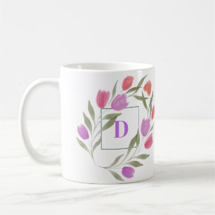 Monogram Letter D Purple & White with flowers Coffee Mug