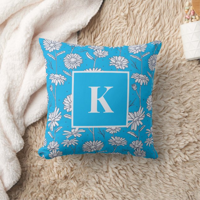 Monogram Letter Daisy Flower Doodle Floral Pattern Cushion (Blanket)
