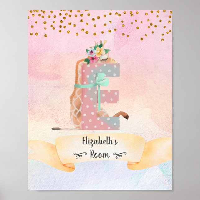 Monogram Letter E Baby Giraffe Girl Nursery Poster (Front)