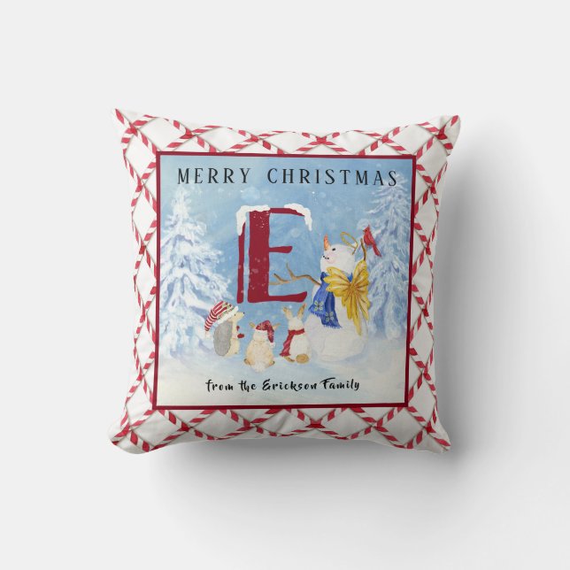Monogram Letter E Christmas Snowman Angel Woodland Cushion (Front)
